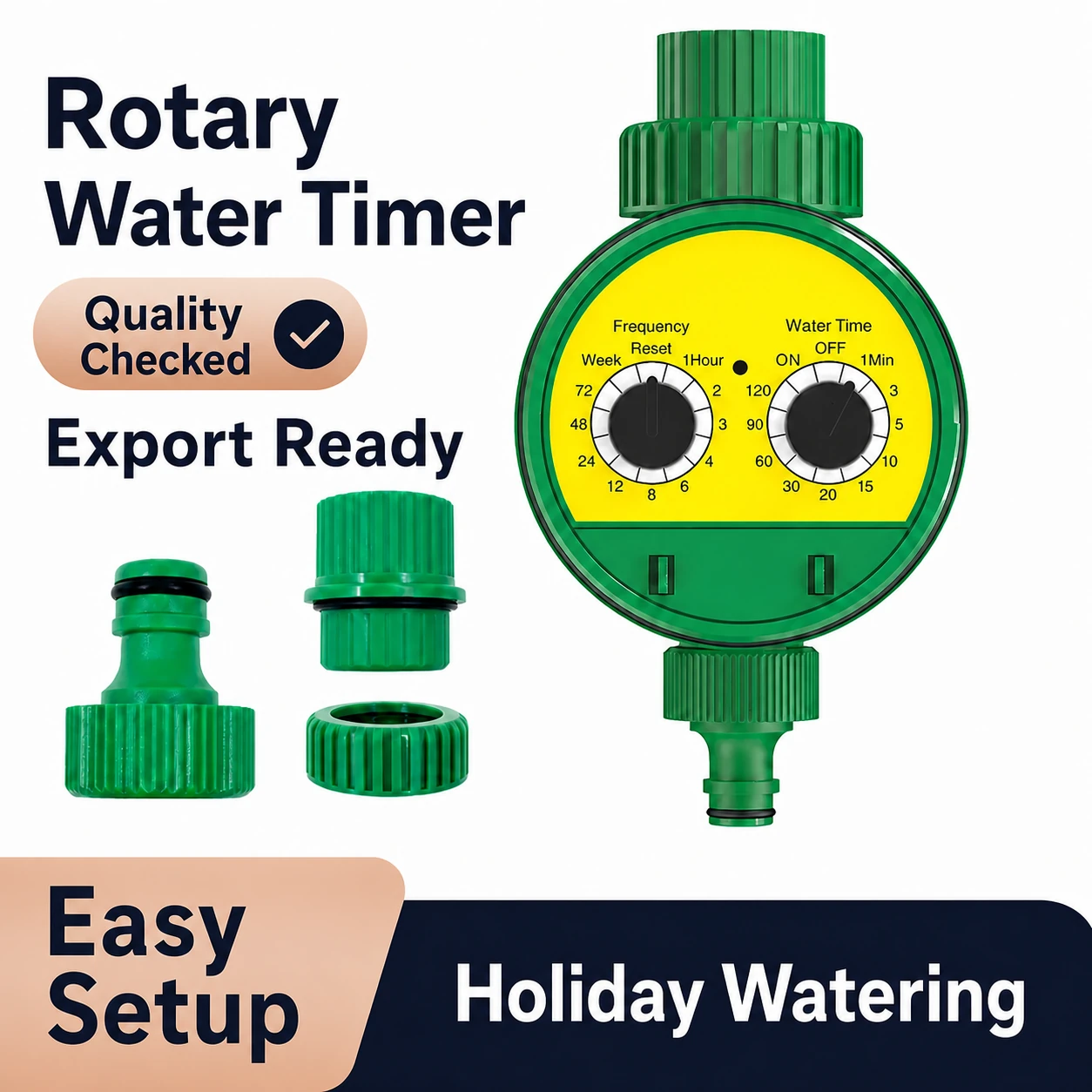 Green rotary garden water timer for automatic hose tap watering